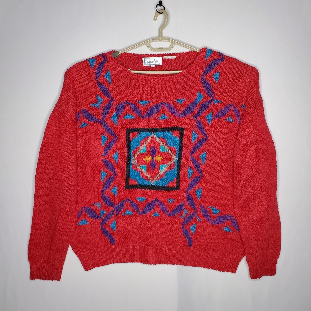 Susan Eden Vtg Sweater Women 3X Artsy Geometric Southwestern Aztec Ramie Country
